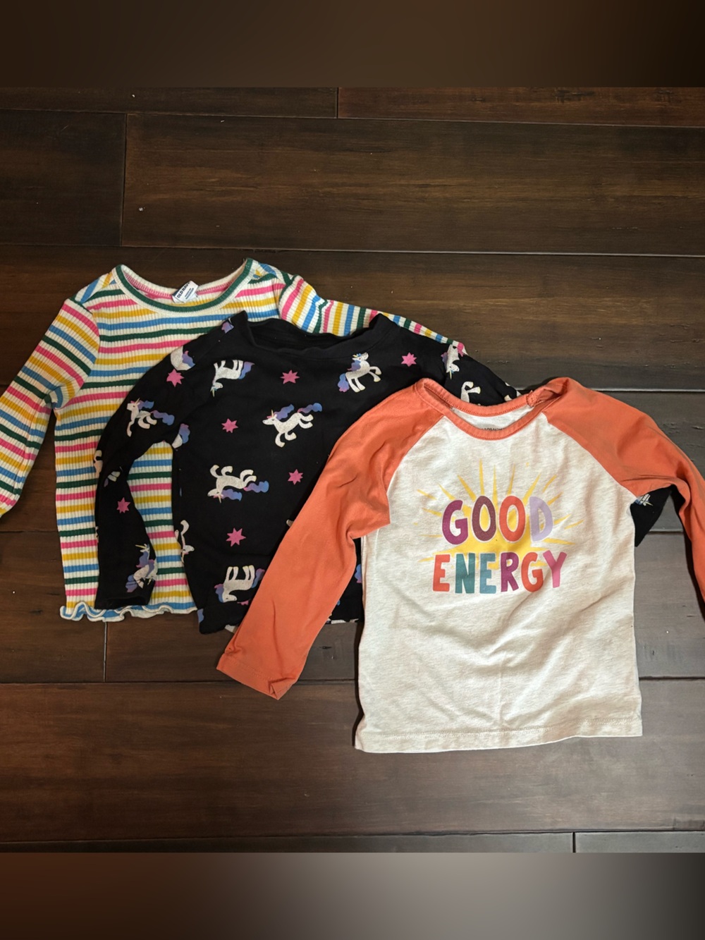 Toddler Girls' Long Sleeve Top Trio - Rainbow Stripes, Unicorns, 'Good Energy'